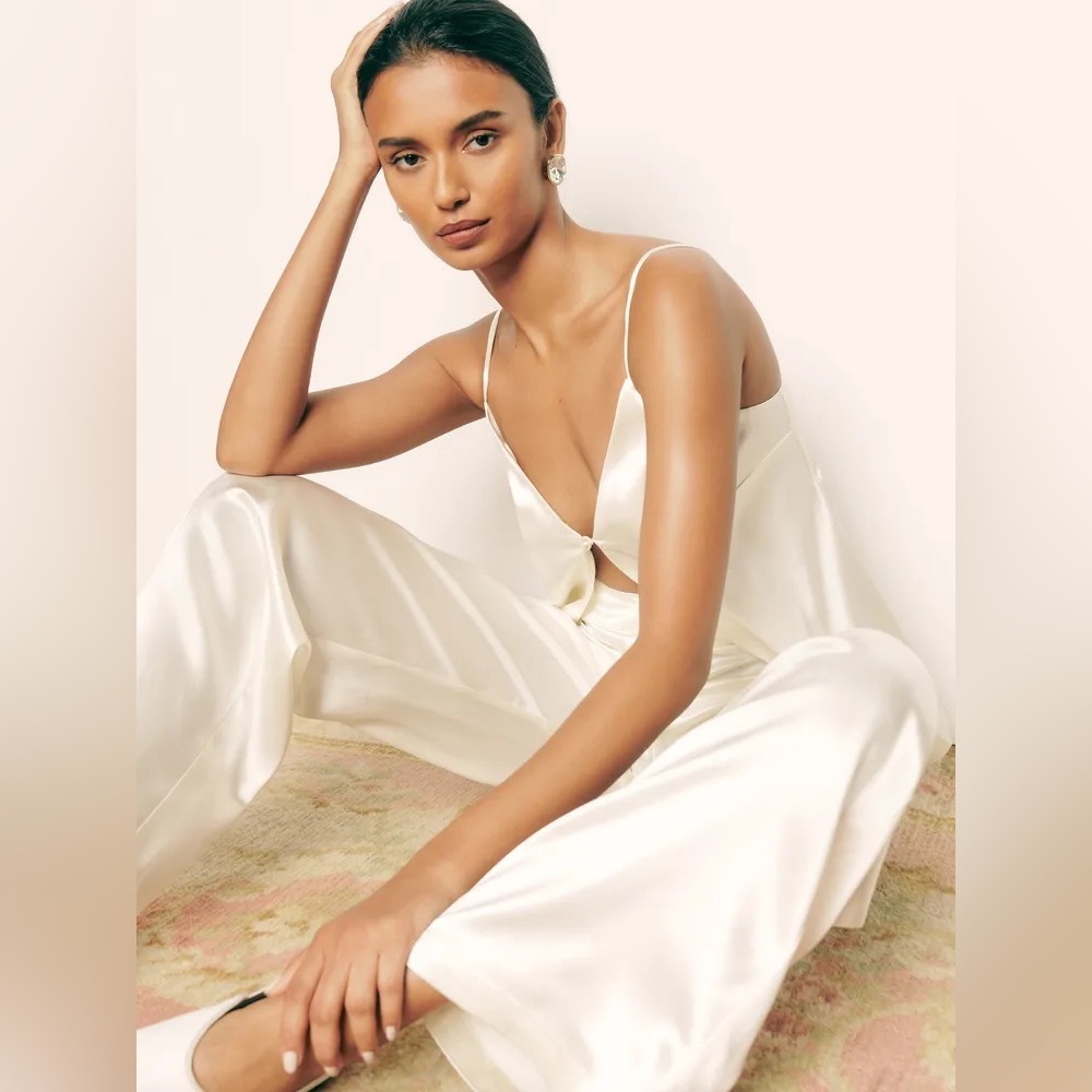 Reformation Satin Cream Wide-Leg Jumpsuit Romper Set - Picture 3 of 7